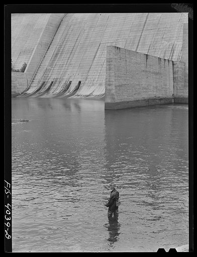 Untitled photo, possibly related to: Norris Dam, Tennessee (Tennessee Valley Authority (TVA)). Fishing at the base of Norris Dam