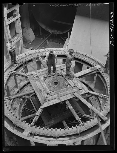 Untitled photo, possibly related to: Cherokee Dam, Tennessee (Tennessee Valley Authority (TVA)). Installation of third 30,000 kilowatt generator at Cherokee Dam on the Holston River