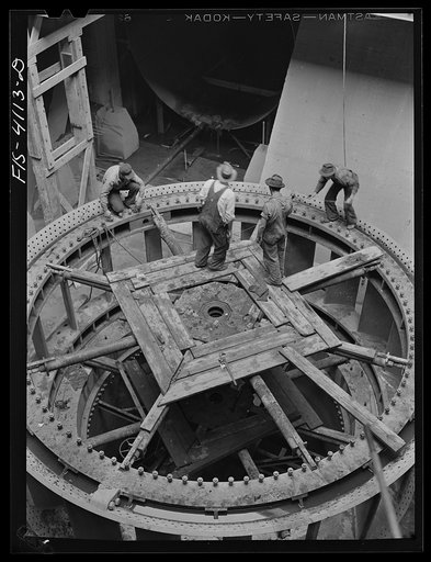 Untitled photo, possibly related to: Cherokee Dam, Tennessee (Tennessee Valley Authority (TVA)). Installation of third 30,000 kilowatt generator at Cherokee Dam on the Holston River