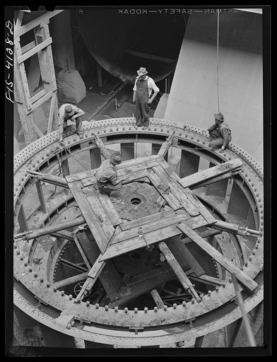 Untitled photo, possibly related to: Cherokee Dam, Tennessee (Tennessee Valley Authority (TVA)). Installation of third 30,000 kilowatt generator at Cherokee Dam on the Holston River