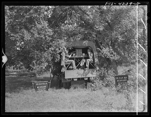 Fort Riley, Kansas. Message center established by the Signal Corps during a field problem