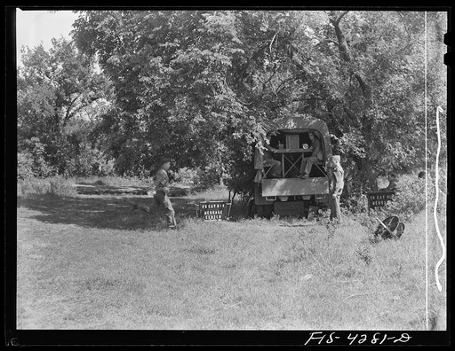 Fort Riley, Kansas. Message center established by Signal Corps during a field problem