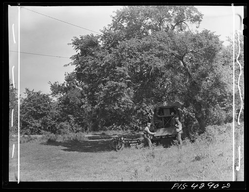 Untitled photo, possibly related to: Fort Riley, Kansas. Message center established by Signal Corps during a field problem