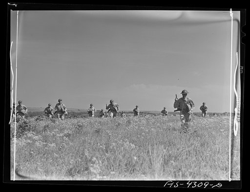 Fort Riley, Kansas. A reconnaissance unit attacking a hill during a sham battle