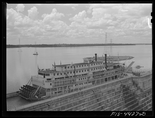 Untitled photo, possibly related to: Wheeler Dam, Alabama (Tennessee Valley Authority (TVA)). Excursion steamer from Cincinnatti in lock at Wheeler Dam, Alabama