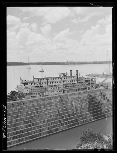 Wheeler Dam, Alabama (Tennessee Valley Authority (TVA)). Excursion steamer from Cincinnatti in lock at Wheeler Dam, Alabama