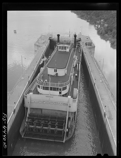 Wheeler Dam, Alabama (Tennessee Valley Authority (TVA)). Excursion steamer in lock at Wheeler Dam, Alabama