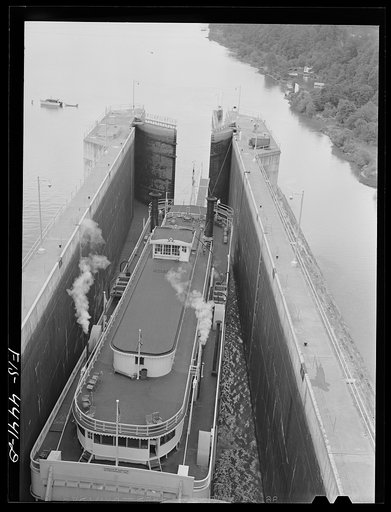 Untitled photo, possibly related to: Wheeler Dam, Alabama (Tennessee Valley Authority (TVA)). Excursion steamer in lock at Wheeler Dam, Alabama