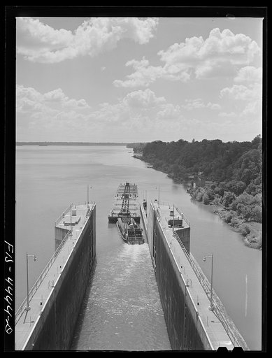 Untitled photo, possibly related to: Wheeler Dam, Alabama (Tennessee Valley Authority (TVA)). Oil barges leaving lock at Wheeler Dam, Alabama