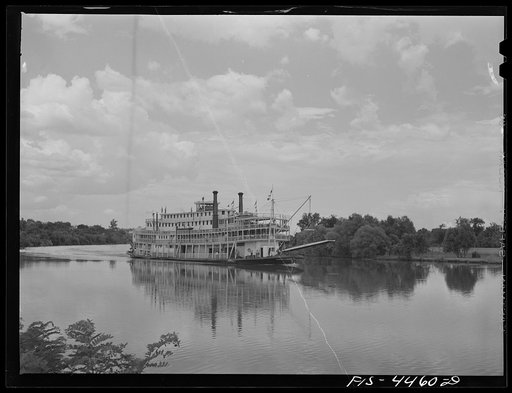 Wilson Dam, Alabama (Tennessee Valley Authority (TVA)). Excursion steamer Gordon C. Green of Cincinnati approaching Wilson Dam, Alabama