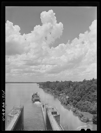 Untitled photo, possibly related to: Wheeler Dam, Alabama (Tennessee Valley Authority (TVA)). Excursion steamer leaving locks at Wheeler Dam, Alabama