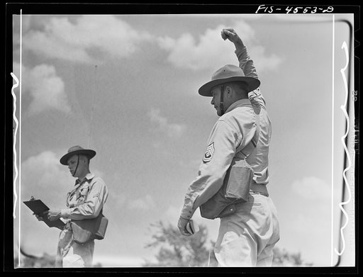 Fort Riley, Kansas. Artillery practice. Giving the signal to fire