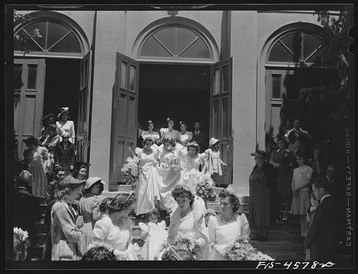 Untitled photo, possibly related to: Queen and her court of the fiesta of the Holy Ghost leave church. Santa Clara, California