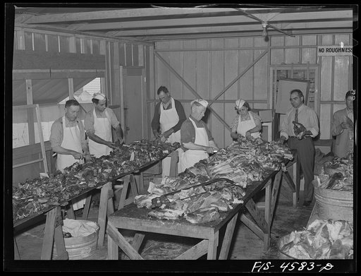 Preparing beef for barbecue dinner at the fiesta of the Holy Ghost. Santa Clara, California