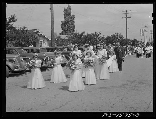 Untitled photo, possibly related to: Last year's queen and her court of the fiesta of the Holy Ghost. Santa Clara, California