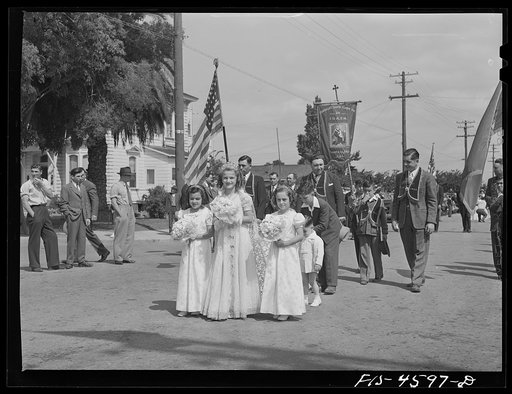 Queen of Portuguese-American society in parade of the Holy Ghost. Santa Clara, California