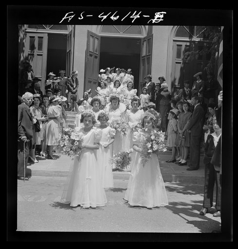 Untitled photo, possibly related to: Queen and her court of the fiesta of the Holy Ghost leave church. Santa Clara, California