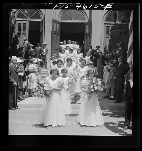 Untitled photo, possibly related to: Queen and her court of the fiesta of the Holy Ghost leave church. Santa Clara, California
