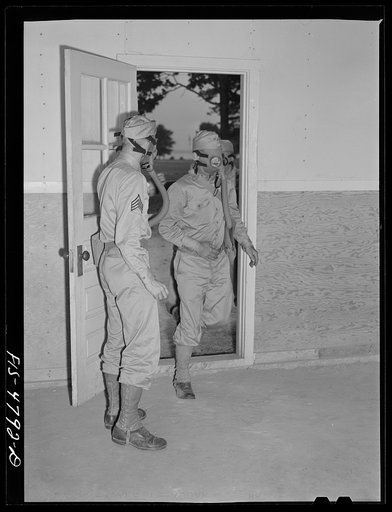 Edgewood Arsenal, Maryland. Gas demonstration. Soldiers entering a gas chamber filled with tear gas