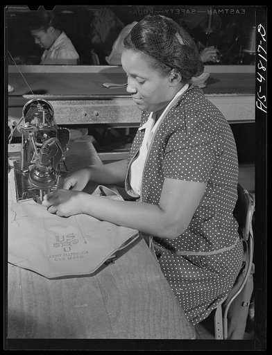 Edgewood Arsenal, Maryland. Gas demonstration. Making canvas containers for Army gas masks at the gas mask factory