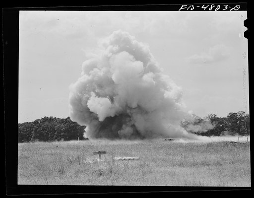 Edgewood Arsenal, Maryland. Gas demonstration. Firing a battery of twenty five Livens projectors (explosion)