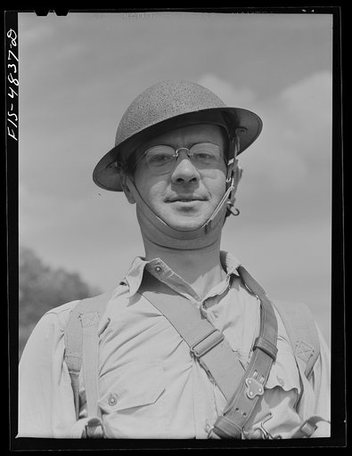Edgewood Arsenal, Maryland. Gas demonstration. A former construction worker now in a trench mortar crew in a chemical warfare unit