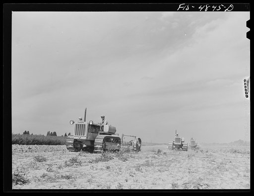 Bridgeton, New Jersey. Seabrook Farms. Large diesel Caterpillar tractors pull gang plows