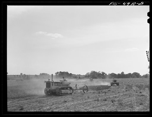 Bridgeton, New Jersey. Seabrook Farms. Tractors ploughing on the contour