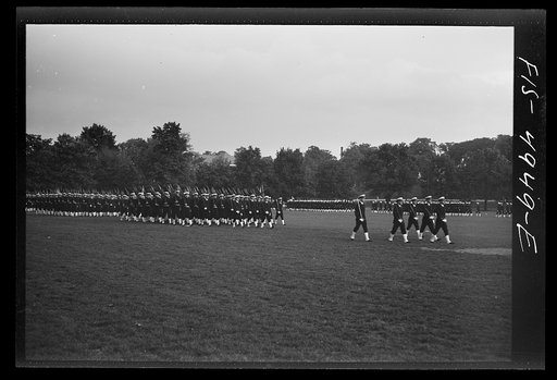 Untitled photo, possibly related to: Annapolis, Maryland. Midshipmen of the U.S. Naval Academy passing review during the visit of President of Peru, Manuel Prado