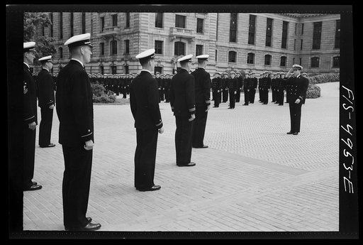Untitled photo, possibly related to: U.S. Naval Academy, Annapolis, Maryland. Midshipmen in one of the courts of the Academy