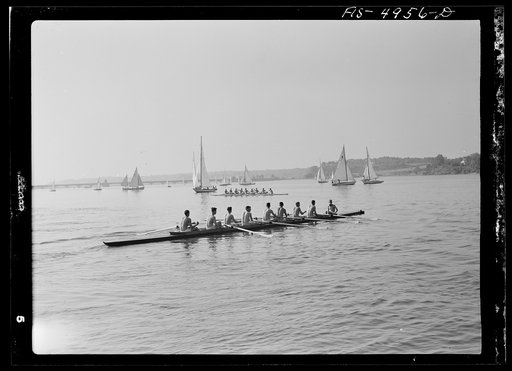U.S. Naval Academy, Annapolis, Maryland.  Midshipmen in an eight-oared shell off Annapolis
