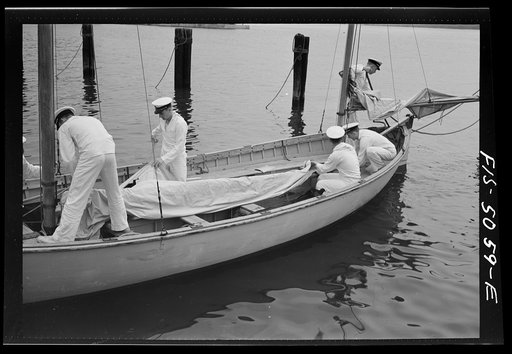 U.S. Naval Academy, Annapolis, Maryland. Getting ready for a start in a "knockabout"