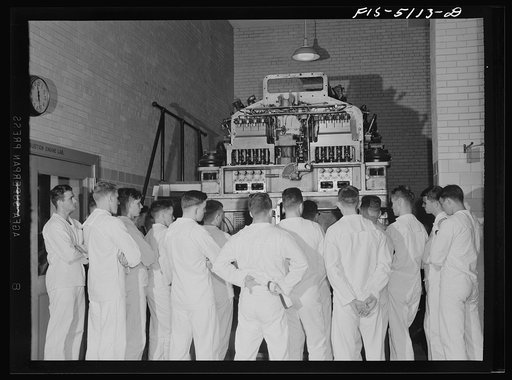 U.S. Naval Academy, Annapolis, Maryland. Studying a diesel engine