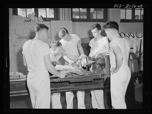 Untitled photo, possibly related to: U.S. Naval Academy, Annapolis, Maryland. Instruction in the machine shop