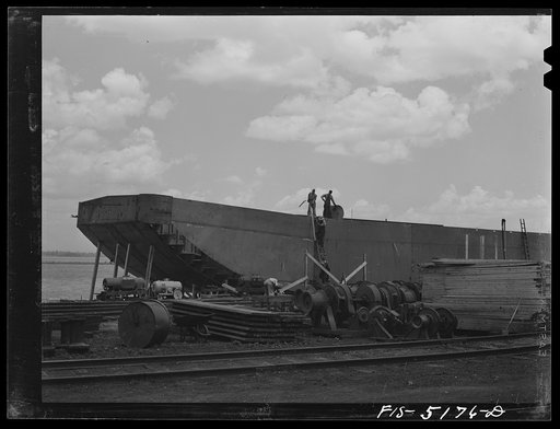 Untitled photo, possibly related to: Decatur, Alabama. Ingalls Shipbuilding Company. Barge under construction in the yard