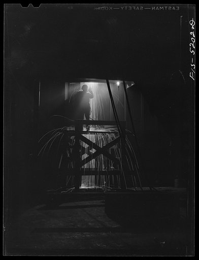 Untitled photo, possibly related to: Decatur, Alabama. Ingalls Shipbuilding Company. Welding one of the bulkheads in the hold of one of the oceangoing barges