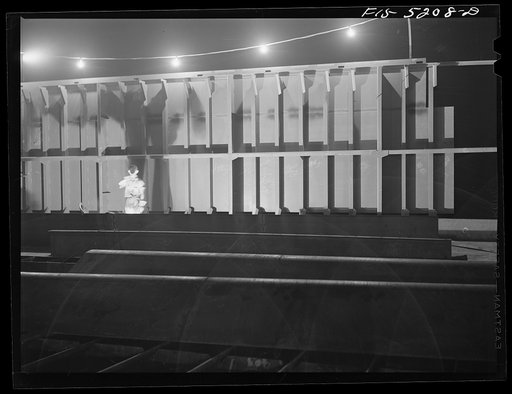 Untitled photo, possibly related to: Decatur, Alabama. Ingalls Shipbuilding Company. Night shift at work on the barges