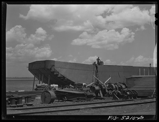 Decatur, Alabama. Ingalls Shipbuilding Company. Barge under construction in the yard