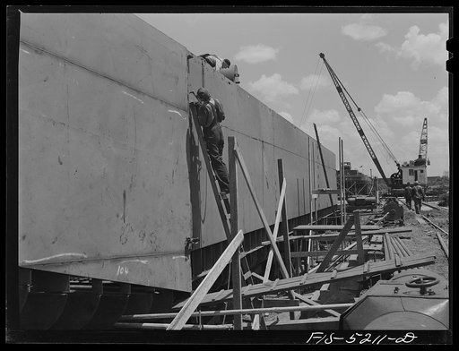 Decatur, Alabama. Ingalls Shipbuilding Company. Barge under construction in the yard