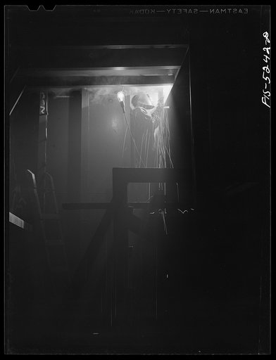 Untitled photo, possibly related to: Decatur, Alabama. Ingalls Shipbuilding Company. Welding one of the bulkheads in the hold of one of the oceangoing barges