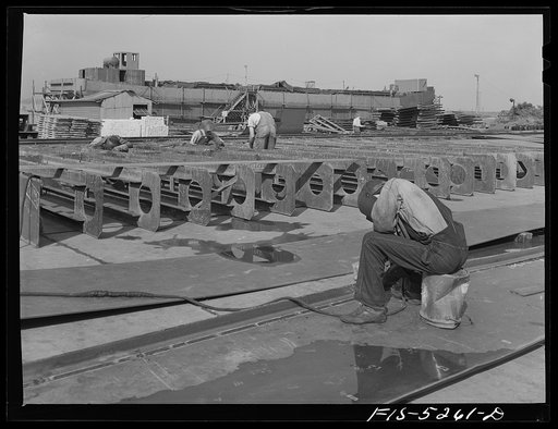 Decatur, Alabama. Ingalls Shipbuilding Company. Welding ship bottoms to be installed in barges being built on the ways