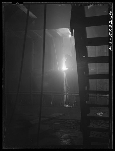 Decatur, Alabama. Ingalls Shipbuilding Company. A welder working on the bulkhead of a barge under construction