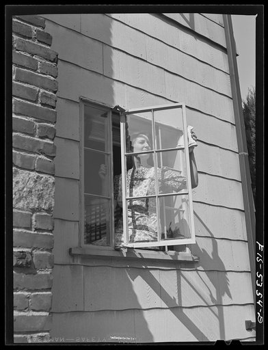 Yonkers, New York. Mrs. Harold Garrity, suburban housewife, washing windows