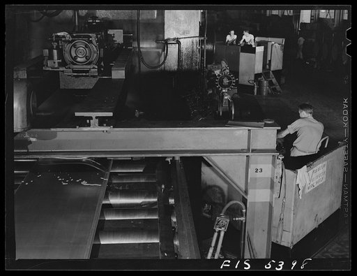 Untitled photo, possibly related to: Sheffield, Alabama. Reynolds Alloys Company. At the hot mill where the aluminum slab is first rolled into a sheet