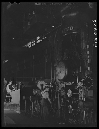 Untitled photo, possibly related to: Sheffield, Alabama. Reynolds Alloys Company. At the hot mill where the aluminum slab is first rolled into a sheet