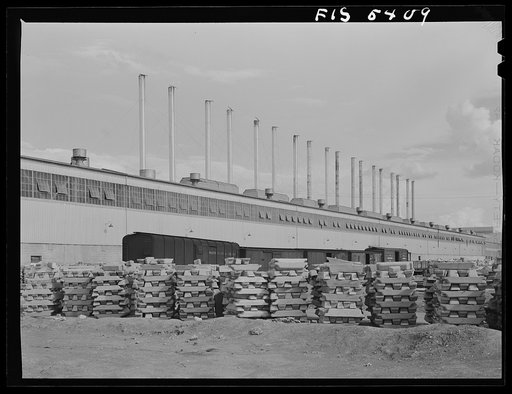 Sheffield, Alabama. Reynolds Alloys Company. The cast house where the aluminum pigs are melted and cast into slabs for rolling