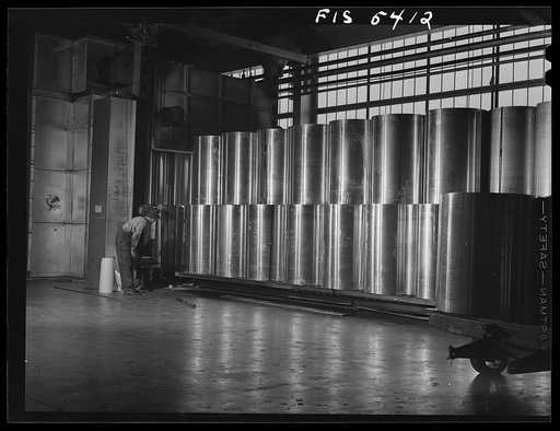 Sheffield, Alabama. Reynolds Aalloys Company. Rolls of aluminum about to go into one of the ovens for baking