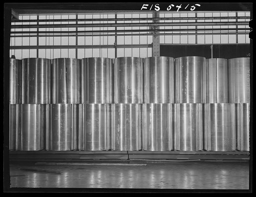 Sheffield, Alabama. Reynolds Alloy Company. Rolls of aluminum about to go into one of the ovens for baking