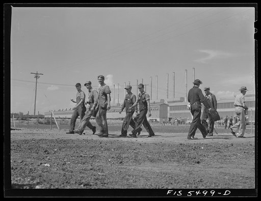 Untitled photo, possibly related to: Sheffield, Alabama. Reynolds Alloys Company. Workmen leaving the plant at the end of a day's shift
