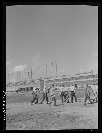 Untitled photo, possibly related to: Sheffield, Alabama. Reynolds Alloys Company. Workmen leaving the plant at the end of a day's shift